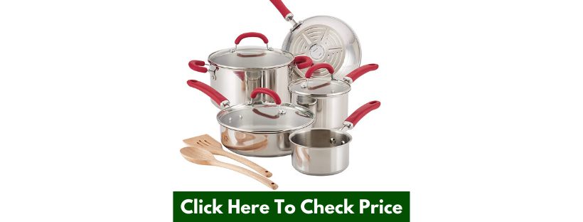 Rachael Ray 70413 Create Delicious Stainless Steel Cookware Set, 10-Piece Pots and Pans Set, Stainless Steel with Red Handles